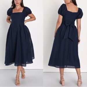 Brand New Lulus Certain Charisma Navy Blue Textured Puff Sleeve Midi Dress LARGE